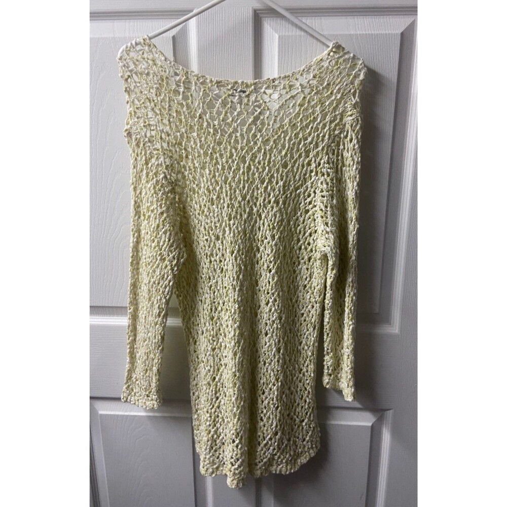 J Jill Pullover Sweater Womens Medium Celedon Green White Open Knit V Neck - Picture 2 of 8